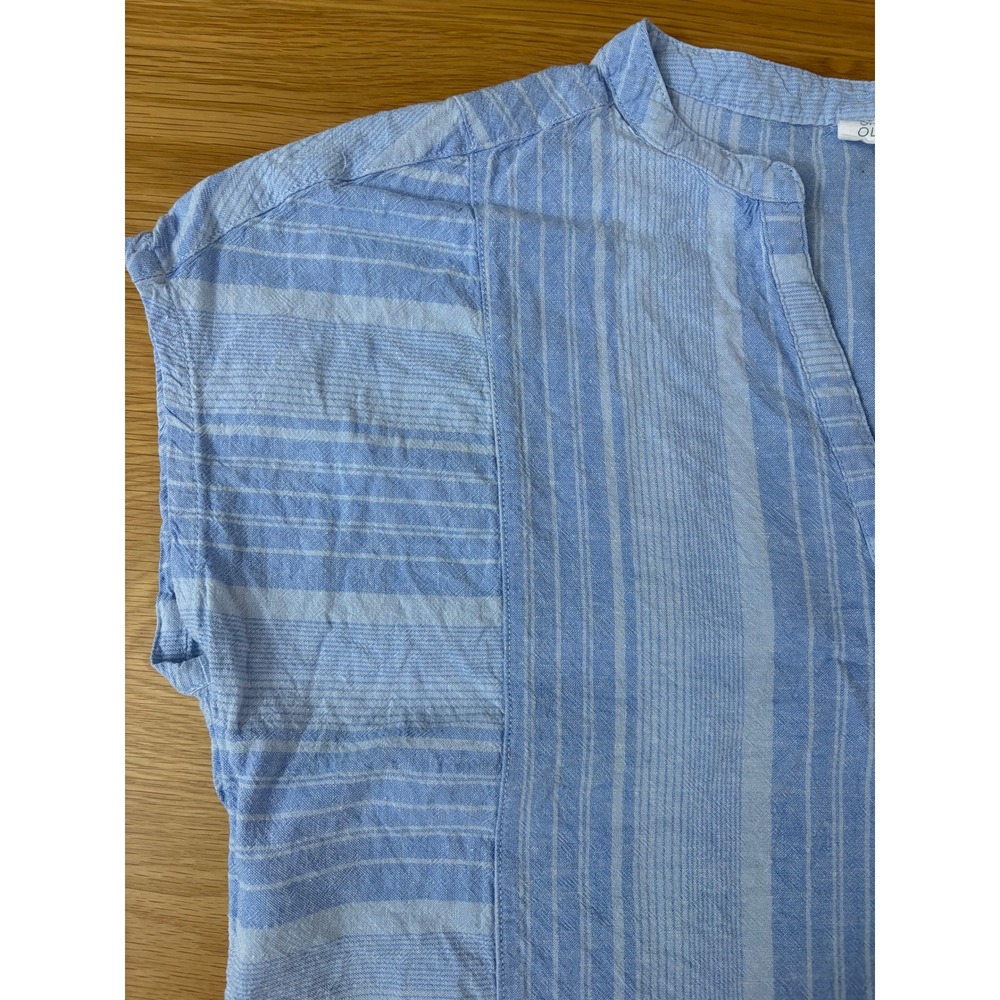 Sigrid Olsen Blue Striped Linen Blend V-Neck Blouse Short Sleeve Top Large - Picture 4 of 6